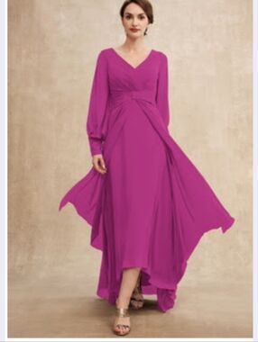 A-line V-Neck Fuschia Asymmetrical Chiffon Evening Dress With Pleated Bodice